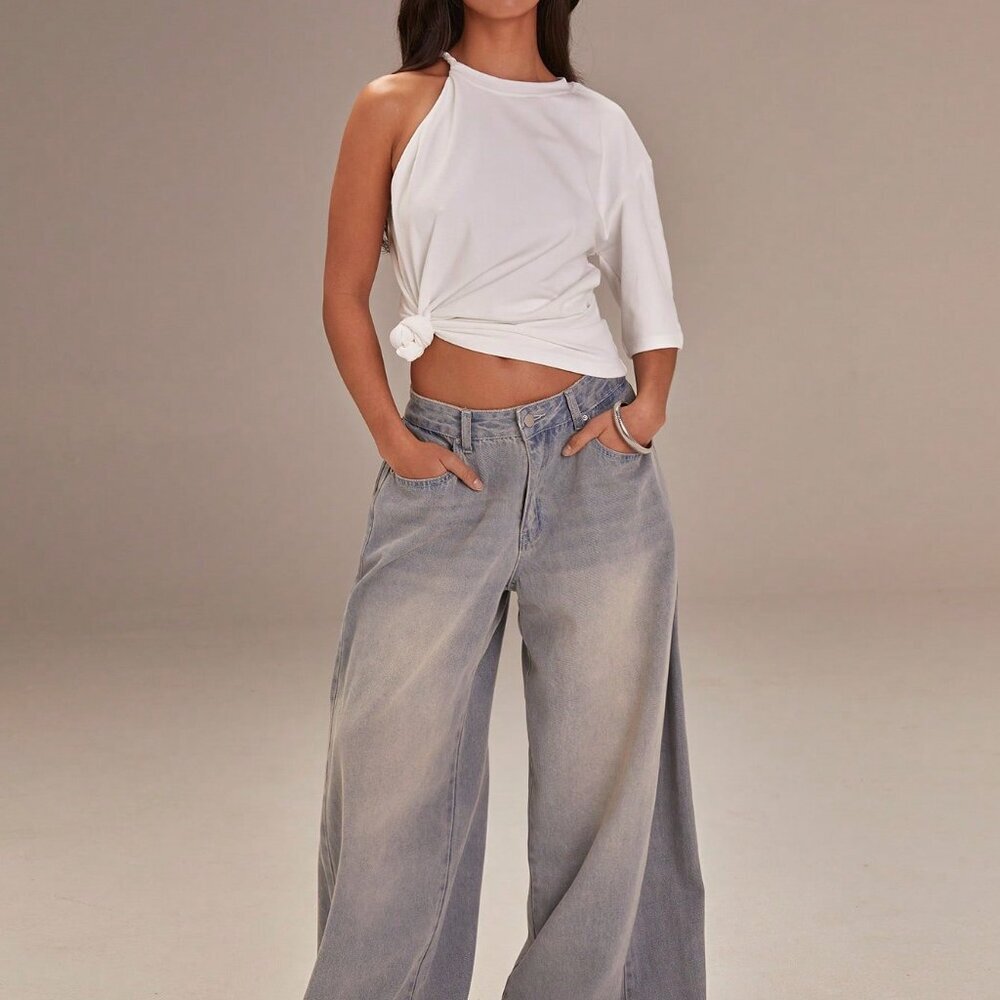 White Round Neck Women's Asymmetrical Knotted Sleeve Tee - Picture 3 of 5